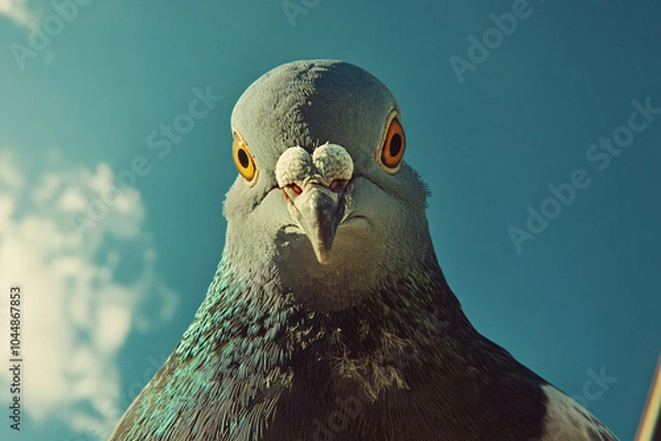 Fototapeta A close-up of a pigeon staring directly at the camera with intense eyes and a vibrant blue sky background
