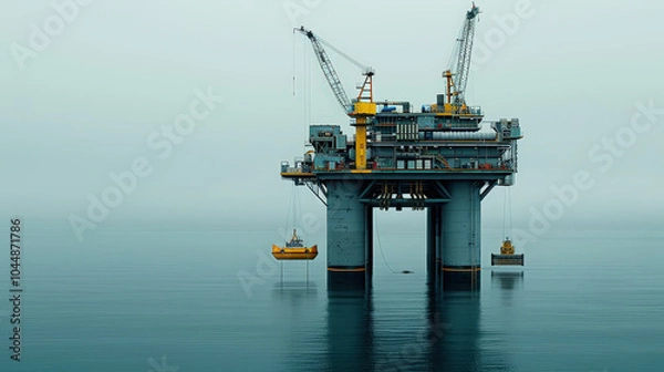 Fototapeta Offshore oil platform with heavy machinery and cranes in calm waters, showcasing industrial operations and marine engineering. scene evokes sense of tranquility amidst industrial activity
