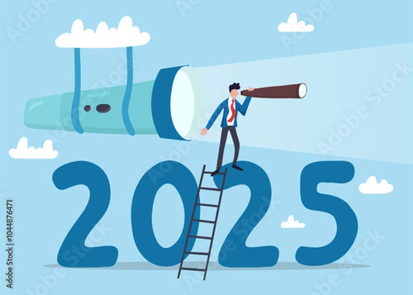 Fototapeta Year 2025 business outlook, forecast or plan ahead, vision for future success. businessman climb up on year 2025 to see business outlook.