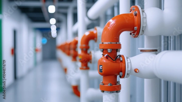 Fototapeta Close-up view of industrial piping with orange fittings and white pipes, arranged in a modern facility, showcasing engineering and design.