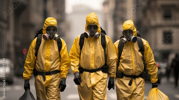 Fototapeta Three workers in yellow protective gear and masks walk confidently through city street, showcasing their commitment to safety and professionalism