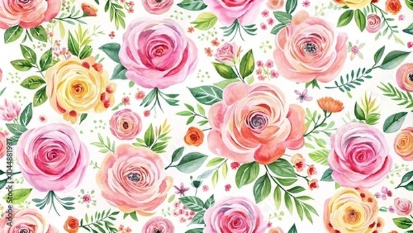 Fototapeta Watercolor floral pattern and seamless background. Hand painted. Gentle design for fabric, wrap paper or wallpaper. Watercolor seamless pattern with blue flowers and green leaves on a white background