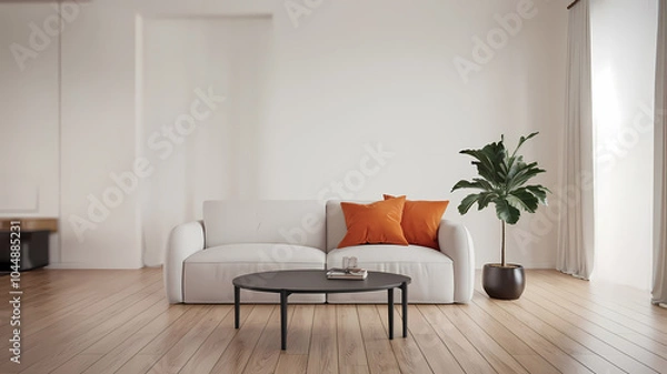 Fototapeta Cozy modern living room featuring a light sofa with orange cushions, a round black coffee table, and a lush potted plant, all set against a minimalistic white backdrop.