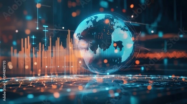 Fototapeta A conceptual image of international finance, with stock market data, bar charts