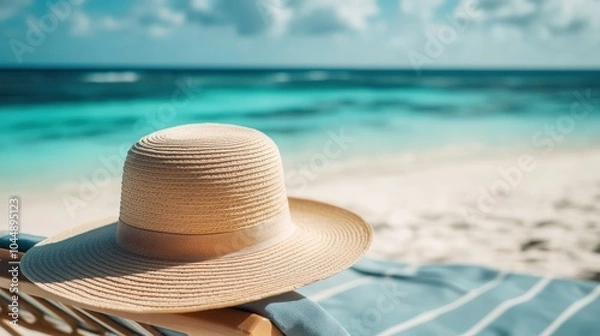 Fototapeta A stylish summer hat with a wide brim placed on a beach chair, with the ocean in the background