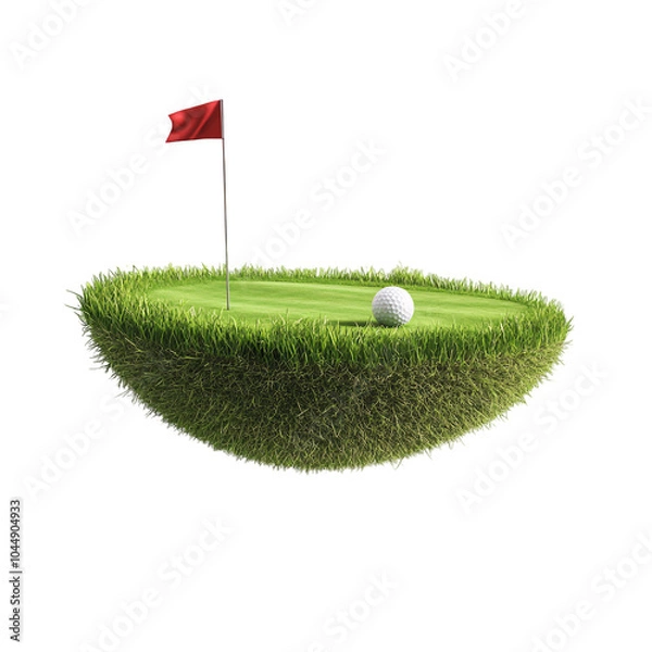 Obraz A golf ball and a red flag sitting on an isolated hemisphere golf grass ground in isolated background