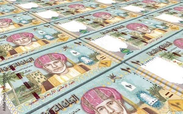 Fototapeta Omani rials bills stacked background. Computer generated 3D photo rendering.