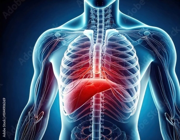 Obraz 3d rendered illustration of human anatomy with highlighted red in the liver area.