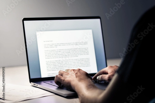 Fototapeta Writing blog or content. Writer with laptop computer. Typing letter, article, book, college essay, text document or cv. Business news report. Journalist or editor working. Student application.