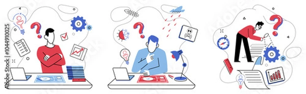 Fototapeta Thinking vector illustration. Brainstorming is laboratory, where alchemy ideas transforms base elements into gold solutions Reflective intelligence is compass, pointing north towards destination