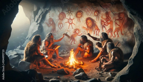 Fototapeta A group of prehistoric cave dwellers gathered around a fire, painting symbolic figures on the cave walls