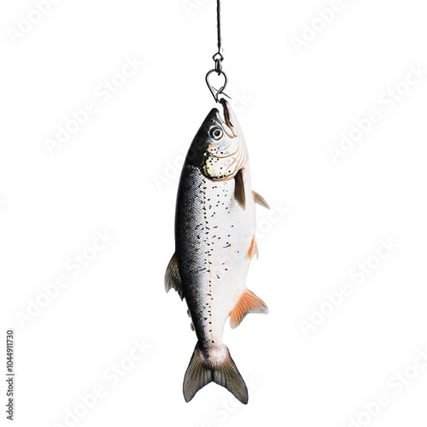 Obraz A silver salmon fish caught in the fishing hook vertically on an isolated background