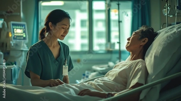 Obraz A nurse speaking with a patient in a hospital bed, providing care and attention