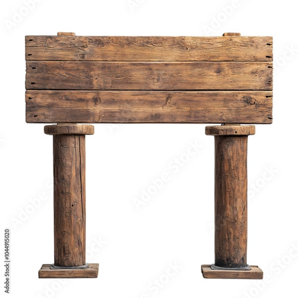 Obraz A short wide wooden sign board supported with two round pillars on an isolated background