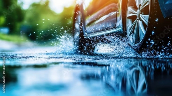 Fototapeta Car Wheel Splashes in Rainy Conditions on Wet Surface