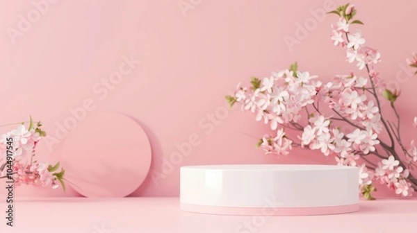 Fototapeta Abstract display podium for product showcasing, minimalistic backdrop with clean lines, vacant pedestal for mock-ups, empty pastel stage ideal for cosmetics presentation.