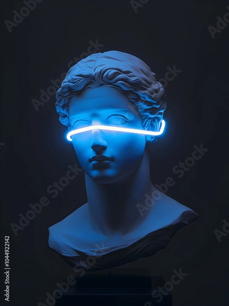 Fototapeta Classic bust of a woman, inspired by Roman sculptures, bisected by a blue neon light across her eyes, creating an eerie glow and a striking contrast between ancient and modern.