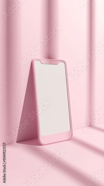 Fototapeta modern pink smartphone stands against pastel pink background, showcasing its sleek design and blank screen, perfect for mock ups and presentations