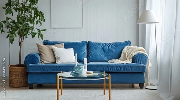 Fototapeta A cozy living room with a blue sofa, a glass-topped wooden table, and a white floor lamp.