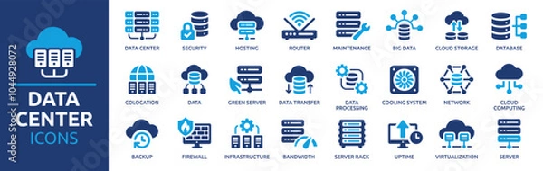 Fototapeta Data center icon set. Containing server, hosting, infrastructure, backup, cloud storage, server rack, virtualization, data processing and bandwidth. Solid vector icons collection.