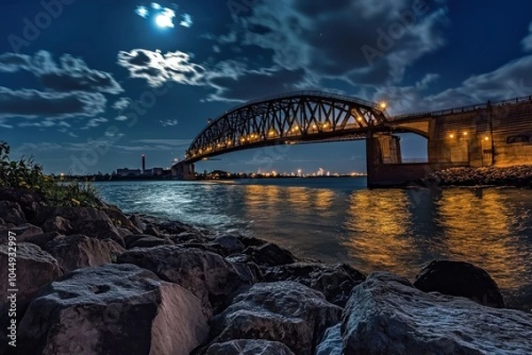 Fototapeta Peace Bridge at Night: Connecting Buffalo, New York with Canada