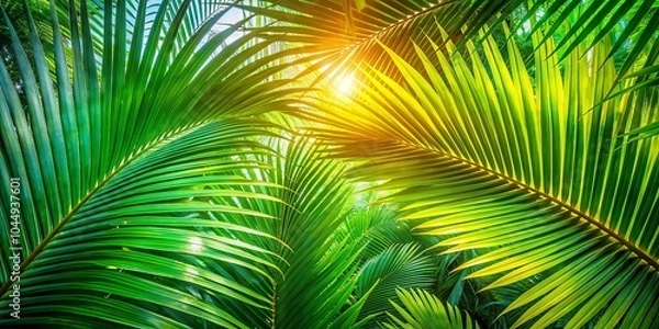 Fototapeta Sunlight Filtering Through Lush Palm Fronds, Casting a Golden Glow on the Vibrant Green Landscape