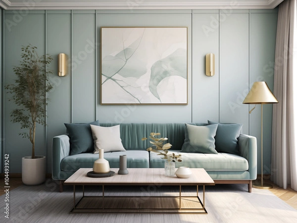 Obraz Living room interior in modern and classic styles with wooden panneling and bronze decor. Neutral and light colors interior with wooden wall panels.
