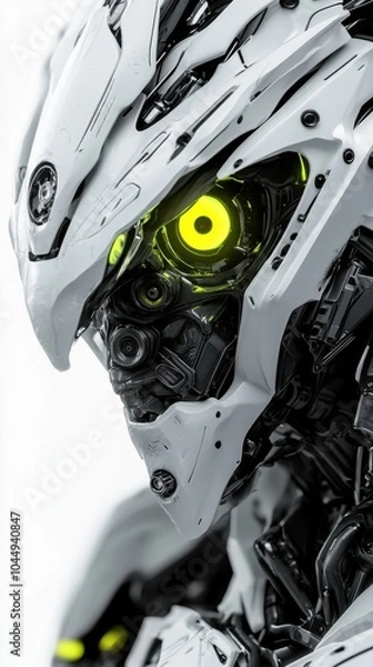 Fototapeta Futuristic robot with glowing yellow eye close-up