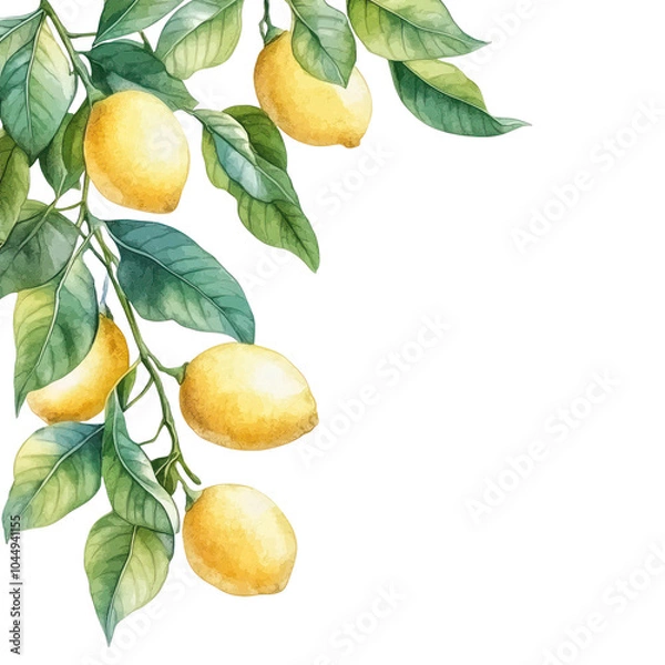 Fototapeta Watercolor lemons. Hand drawing ripe lemon branches with green leaves. Wreath, frame illustration.
