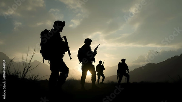 Fototapeta Four soldiers in silhouette stand in a mountainous landscape against a cloudy sky. They hold rifles and wear backpacks, with the setting sun casting a warm glow behind them.