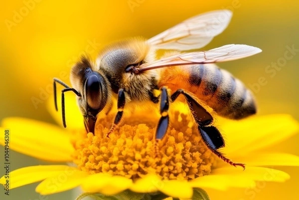 Fototapeta A close-up of a bee collecting nectar from a bright yellow flower in a vibrant garden on a sunny day