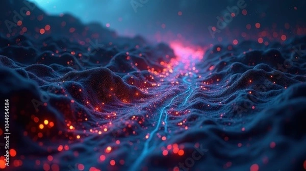 Obraz A digital river of data flowing through a vast cyberspace, illuminated by glowing binary code and geometric shapes.