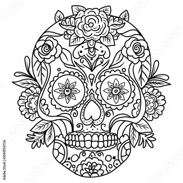 Fototapeta Coloring page sugar skull for adult. Hand drawn vector illustration for Day of the Dead.