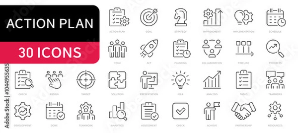 Fototapeta Action plan vector line icons set. Planning, strategy, objective editable stroke icon