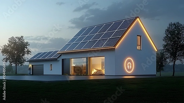 Fototapeta Glowing neon house with solar panels on its roof featuring a plug symbol set against a dark backdrop representing the concept of sustainable energy and clean power