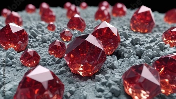 Obraz Ultra-detailed 3D microscopic visualization of garnet crystal architecture. Professional rendering reveals internal structure, atomic patterns, and crystal growth. Deep black background. 8K