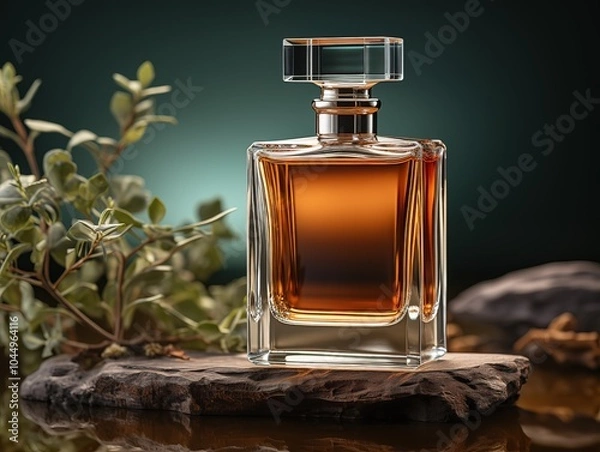 Fototapeta Minimalist product photography background with elegant square perfume bottle, high resolution, bright studio lighting, sharp shadows, clear glass, intricate details, black accents, soft gradient, beig