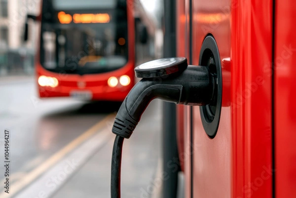 Fototapeta The image shows an electric bus charging at a station, emphasizing modern transportation and sustainability.