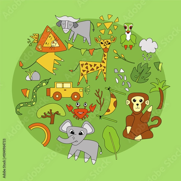 Fototapeta set with tropical animals of Africa and additional decorative elements
