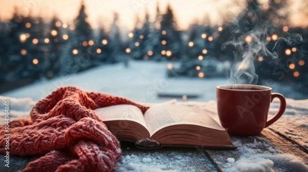 Fototapeta A warm knitted scarf wrapped around an open book, with a steaming cup of hot chocolate beside it, placed on a wooden table
