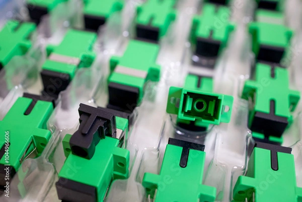 Fototapeta Optical adapters with different connectors in plastic blisters on the table, a batch of goods	
