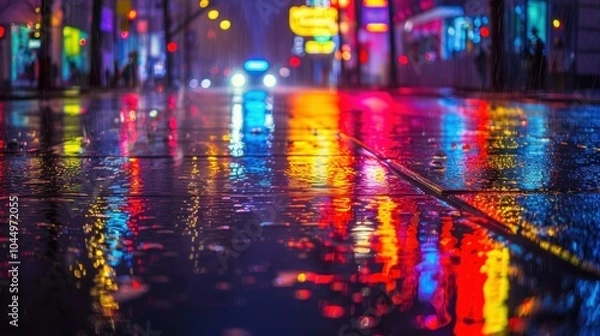 Fototapeta Night street reflection, vibrant neon lights, wet pavement, urban scene with colorful lights shining on the ground creating a visually stunning effect