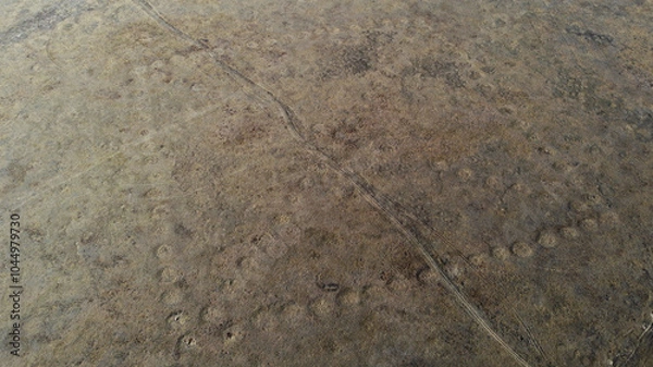 Fototapeta The designated diagonals of the geoglyph "Ushtogaysky Square" are 406 m long. The figure is composed of one hundred and one mounds with a diameter of 10-12 m and a height of up to one meter.