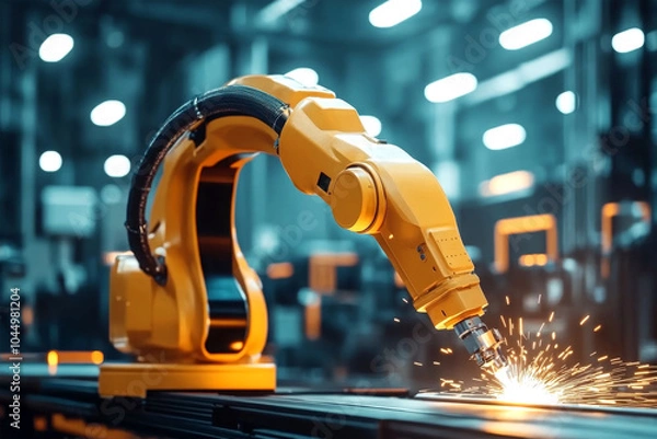 Fototapeta robot welding in factory on background