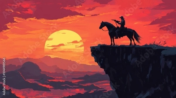 Obraz A lone cowboy on horseback silhouetted against a fiery sunset, overlooking a vast desert landscape.