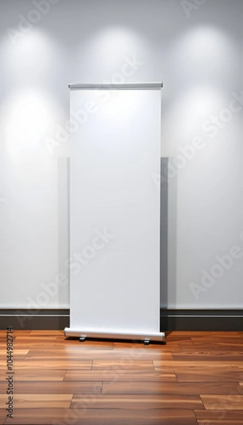 Fototapeta Blank roll up stand banner. Blank mockup for presentation isolated on wall background isolated with white highlights, png