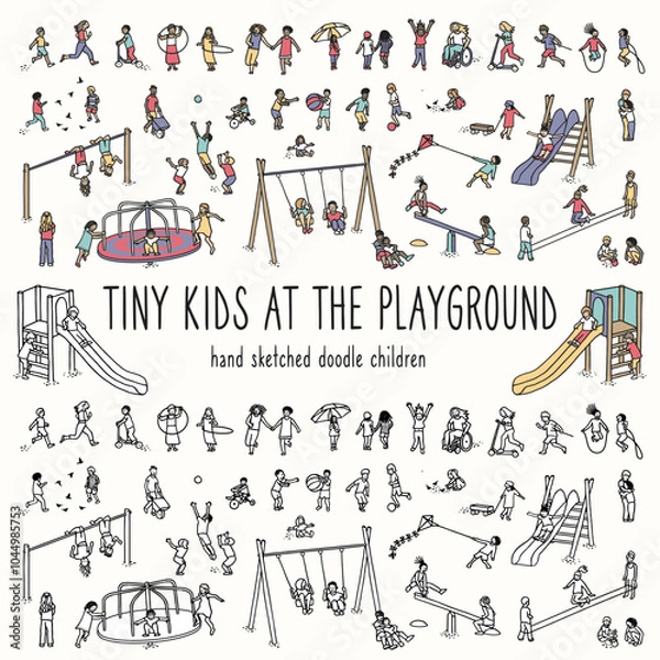 Obraz Set of tiny hand drawn children at the playground, diverse, happy, playful, in color as well as in black and white