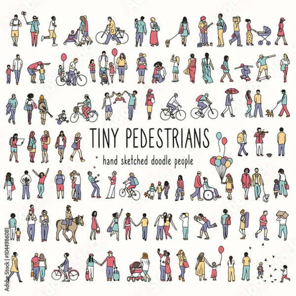 Obraz Hand drawn tiny pedestrians, ink drawing of urban people walking
