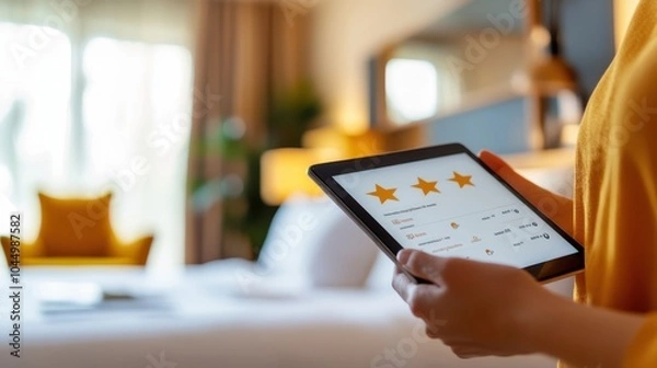 Obraz A woman in casual attire holds a tablet displaying a three-star hotel service rating, suggesting an average customer satisfaction experience in modern hospitality.