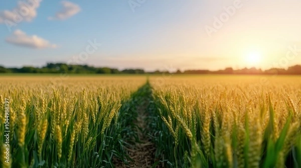 Fototapeta A serene field of green wheat bathes in the evening glow, where the warm colors of the sunset blend beautifully with the lush landscape of endless bounty.